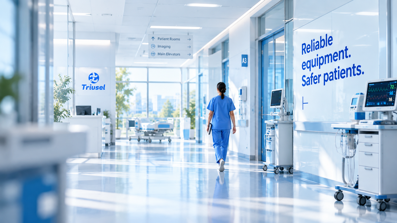 A healthcare professional walking through a modern hospital corridor with medical equipment.