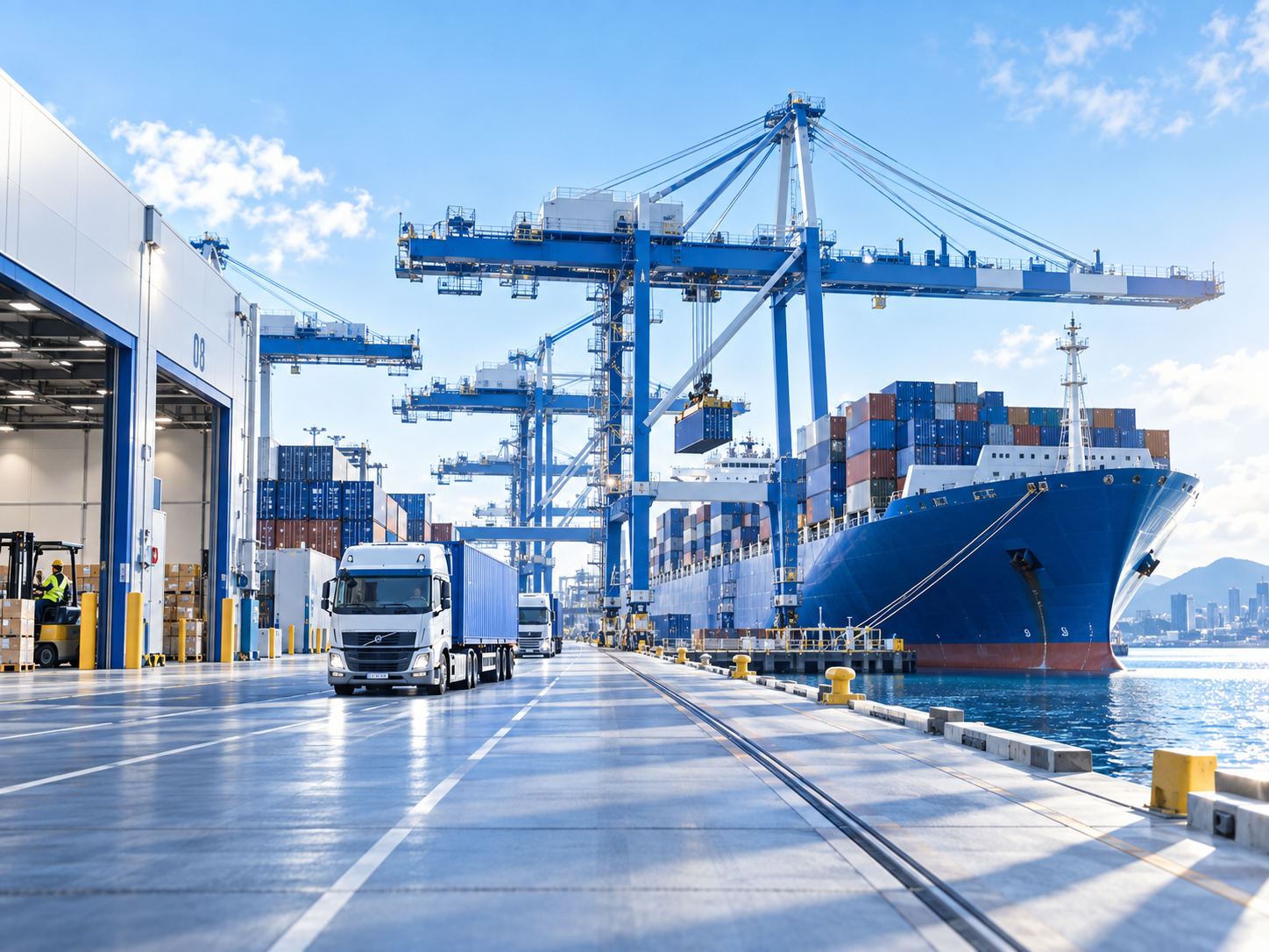 Container port, cranes and logistics infrastructure.